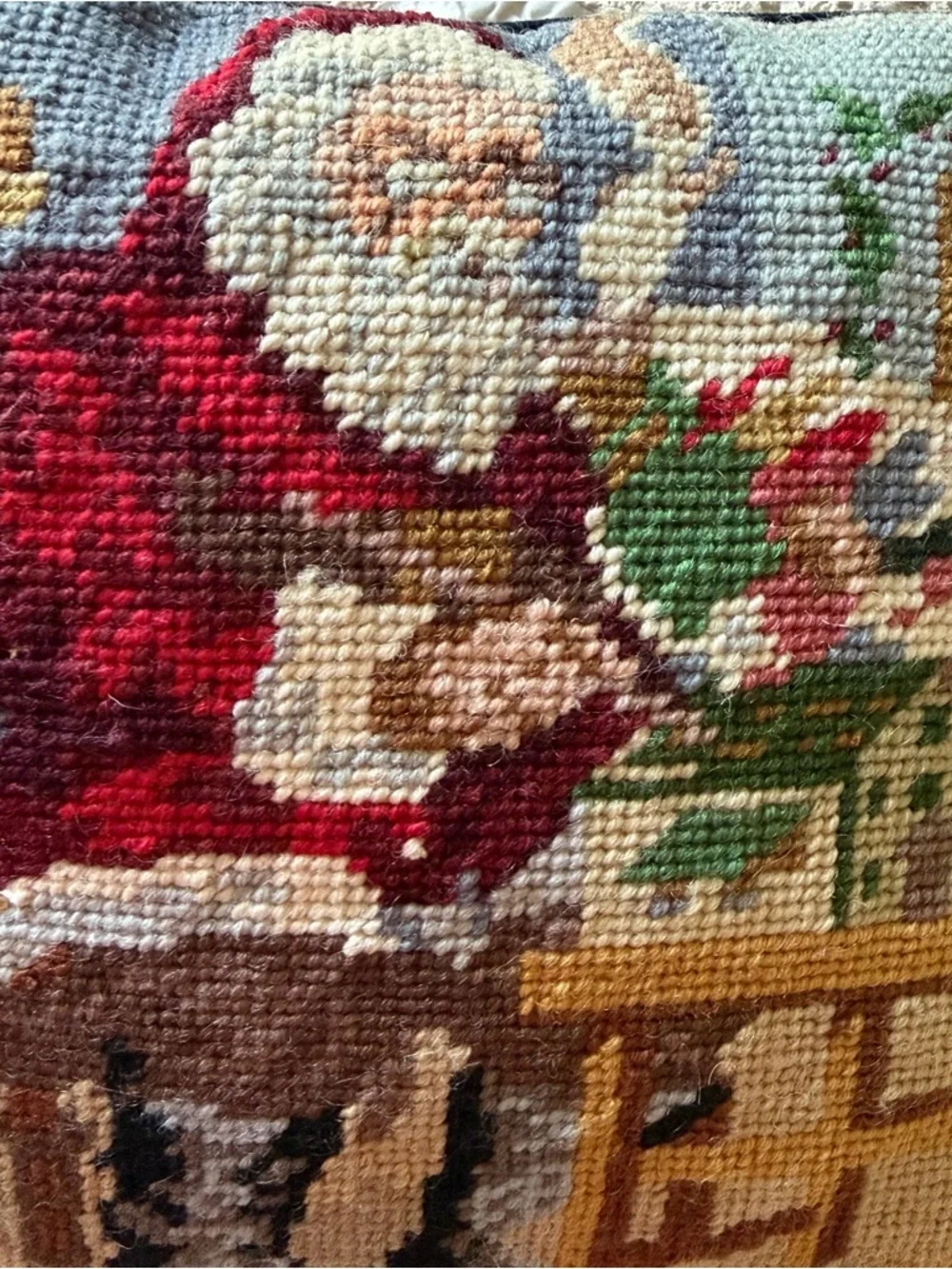 Vintage Needlepoint Santa Pillow Christmas Cushion 9.5” Blue Velvet